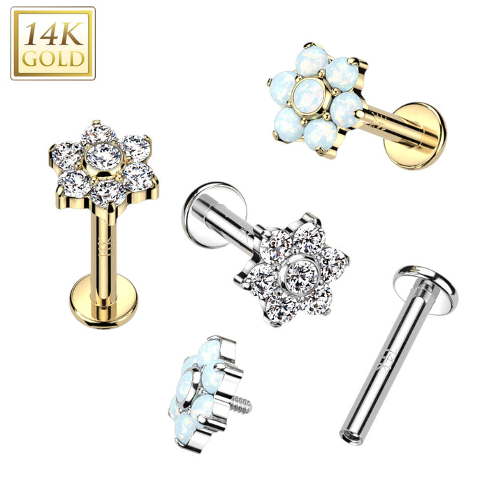 14KT Yellow Gold White Opal Flower Internally Threaded Flat Back Labret - Pierced Universe