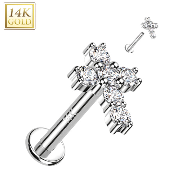 14KT White Gold White CZ Cross Flat Back Labret - Pierced Universe