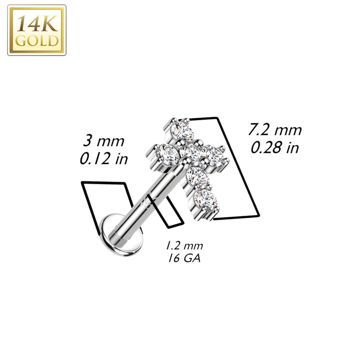 14KT White Gold White CZ Cross Flat Back Labret - Pierced Universe