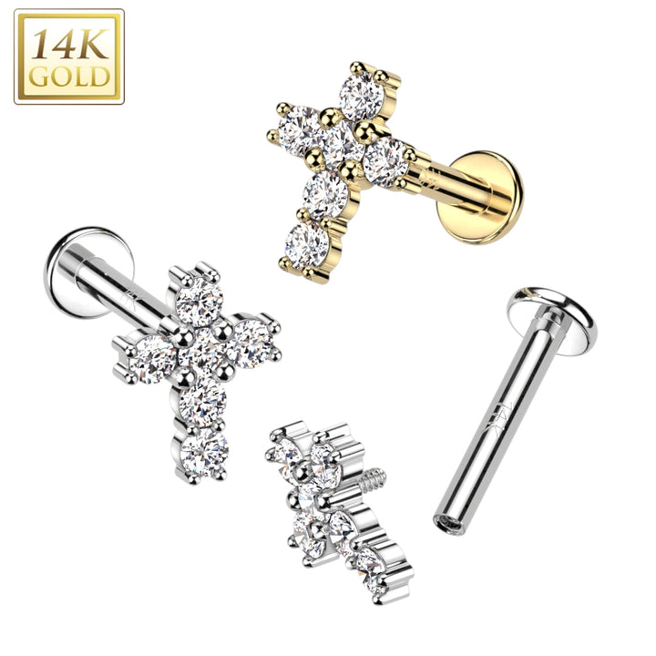 14KT White Gold White CZ Cross Flat Back Labret - Pierced Universe