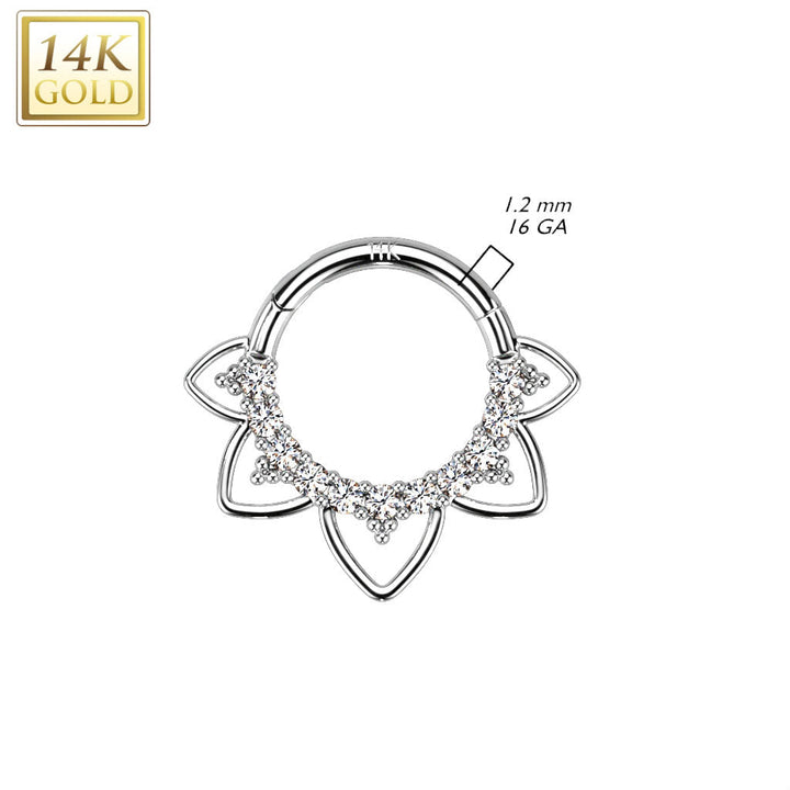14kt White Gold CZ Floral Beaded Tribal Septum Daith Hinged Clicker Hoop - Pierced Universe