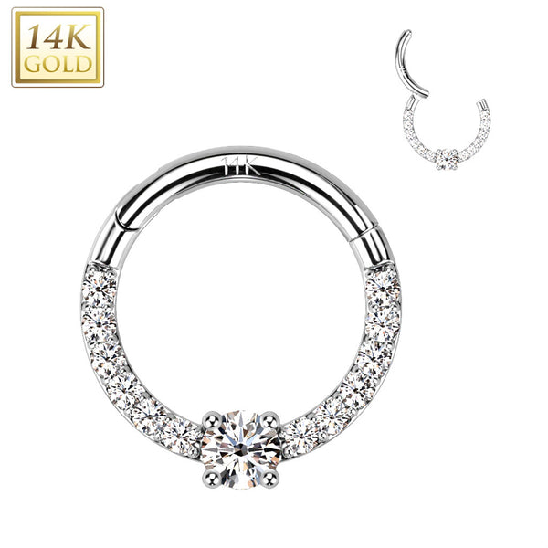 14kt White Gold Pave CZ White Gem Center Septum Daith Hinged Clicker Hoop - Pierced Universe