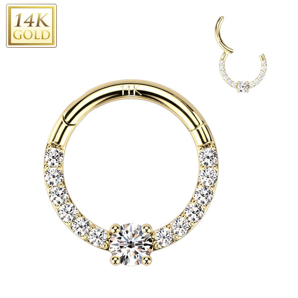 14kt Yellow Gold Pave CZ White Gem Center Septum Daith Hinged Clicker Hoop - Pierced Universe