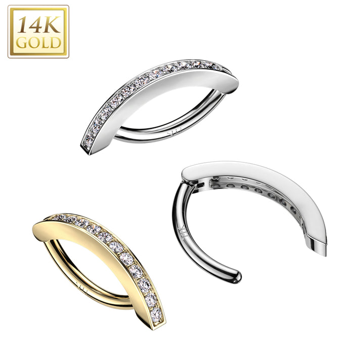 14KT White Gold White CZ Clicker Hoop Hinged Belly Ring - Pierced Universe