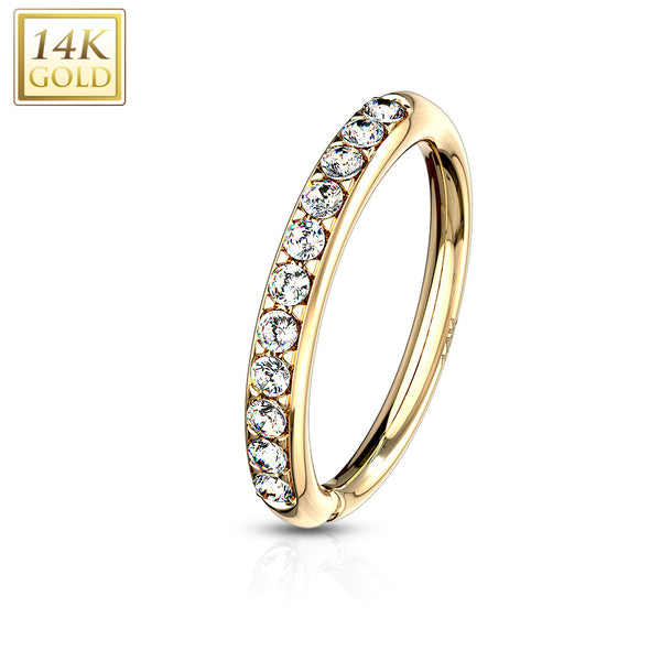 14KT Solid Yellow Gold White CZ Studded Nose Ring Hoop - Pierced Universe