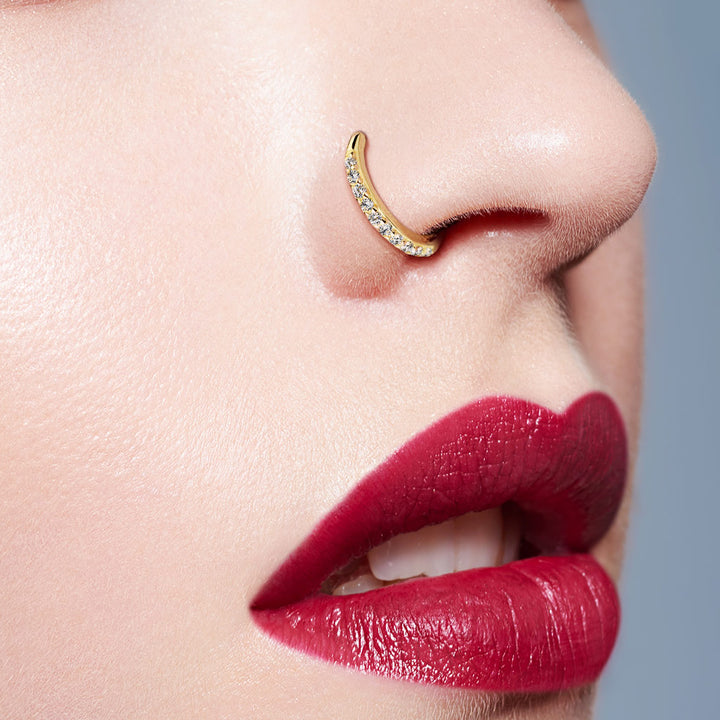 14KT Solid Yellow Gold White CZ Studded Nose Ring Hoop - Pierced Universe