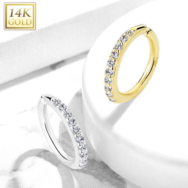 14KT Solid Yellow Gold White CZ Studded Nose Ring Hoop - Pierced Universe