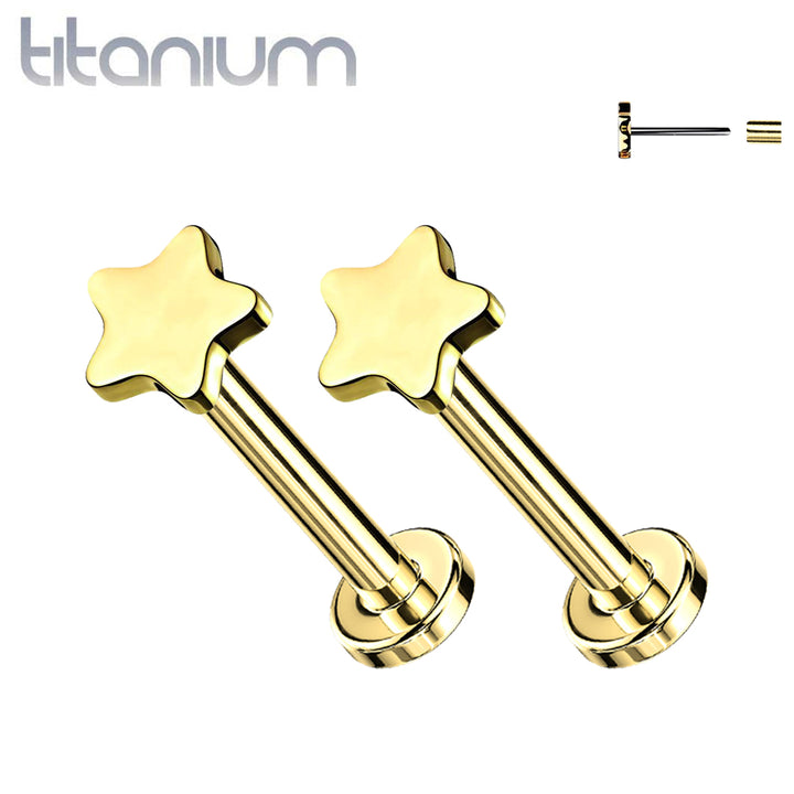 Pair of Implant Grade Titanium Threadless Gold PVD Star Earring Studs with Flat Back - Pierced Universe