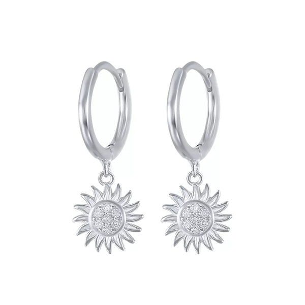 Pair of 925 Sterling Silver White CZ Gem Large Sun Dangle Minimal Hoop Earrings - Pierced Universe