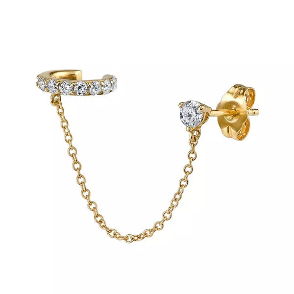 925 Sterling Silver Gold PVD Chain Connected CZ Stud With Faux Cartilage Conch Hoop - Pierced Universe