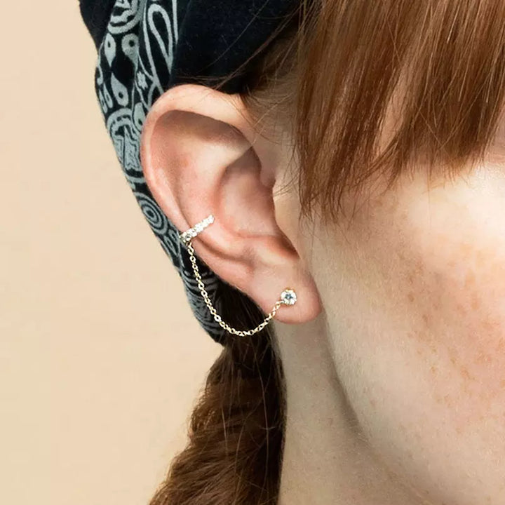 925 Sterling Silver Chain Connected CZ Stud With Faux Cartilage Conch Hoop - Pierced Universe