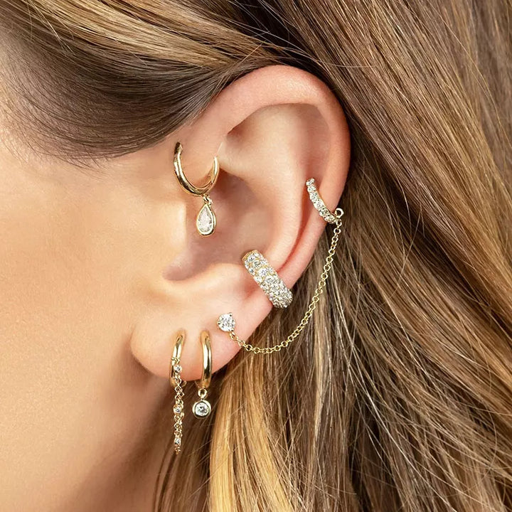 925 Sterling Silver Chain Connected CZ Stud With Faux Cartilage Conch Hoop - Pierced Universe