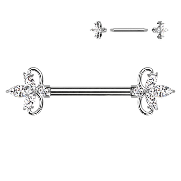 316L Surgical Steel Triple Petal White CZ Flower Nipple Ring Straight Barbell - Pierced Universe