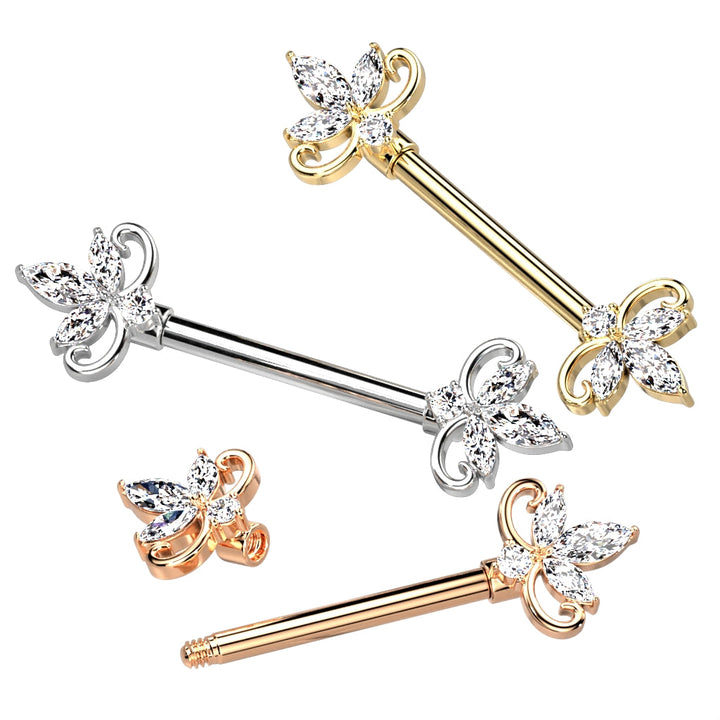 316L Surgical Steel Gold PVD Triple Petal White CZ Flower Nipple Ring Straight Barbell - Pierced Universe