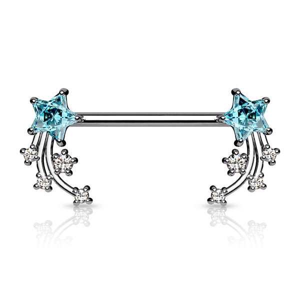 316L Surgical Steel Aqua & White CZ Shooting Star Nipple Ring Straight Barbell - Pierced Universe