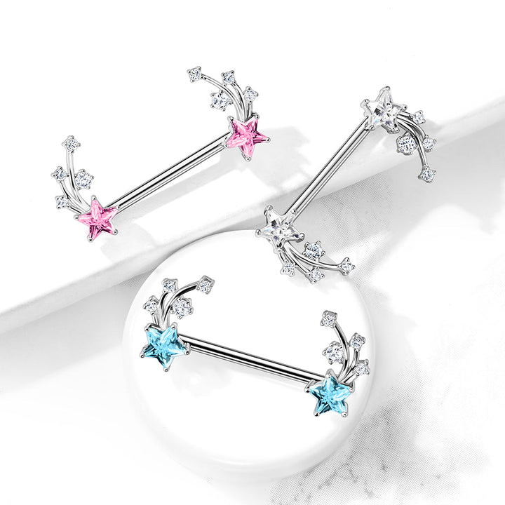 316L Surgical Steel Aqua & White CZ Shooting Star Nipple Ring Straight Barbell - Pierced Universe