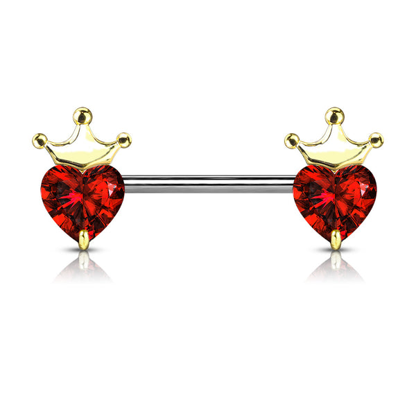 316L Surgical Steel Gold PVD Red CZ Heart With Crown Nipple Ring Straight Barbell - Pierced Universe