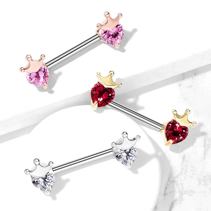 316L Surgical Steel Rose Gold PVD Pink CZ Heart With Crown Nipple Ring Straight Barbell - Pierced Universe