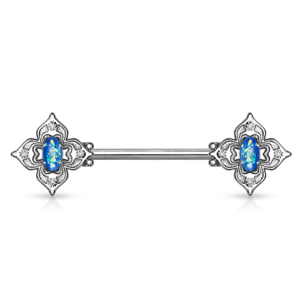316L Surgical Steel 4 Petal Design White CZ & Blue Opal Nipple Ring Straight Barbell - Pierced Universe