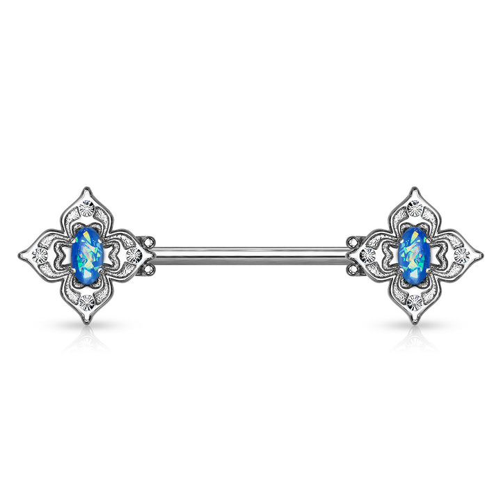 316L Surgical Steel 4 Petal Design White CZ & Blue Opal Nipple Ring Straight Barbell - Pierced Universe
