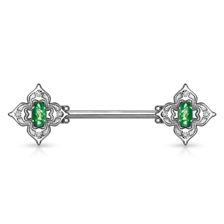 316L Surgical Steel 4 Petal Design White CZ & Dark Green Opal Nipple Ring Straight Barbell - Pierced Universe