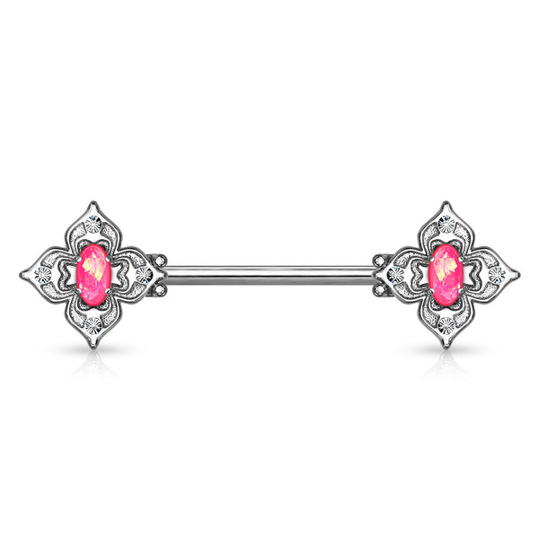 316L Surgical Steel 4 Petal Design White CZ & Pink Opal Nipple Ring Straight Barbell - Pierced Universe