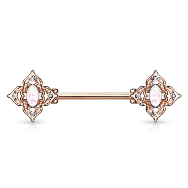 316L Surgical Steel Rose Gold PVD 4 Petal Design White CZ & Opal Nipple Ring Straight Barbell - Pierced Universe