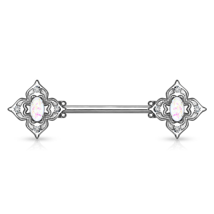 316L Surgical Steel 4 Petal Design White CZ & Opal Nipple Ring Straight Barbell - Pierced Universe