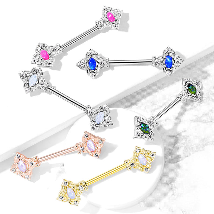 316L Surgical Steel 4 Petal Design White CZ & Opal Nipple Ring Straight Barbell - Pierced Universe