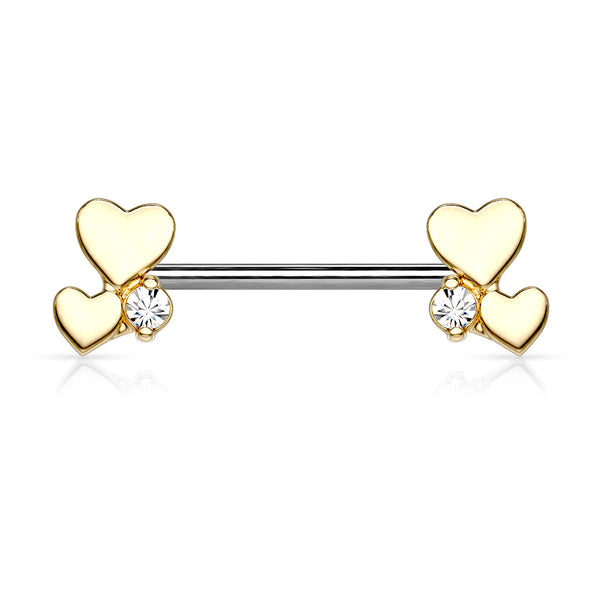 316L Surgical Steel Gold PVD White CZ With Hearts Nipple Ring Straight Barbell - Pierced Universe