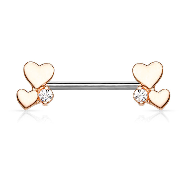 316L Surgical Steel Rose Gold PVD White CZ With Hearts Nipple Ring Straight Barbell - Pierced Universe