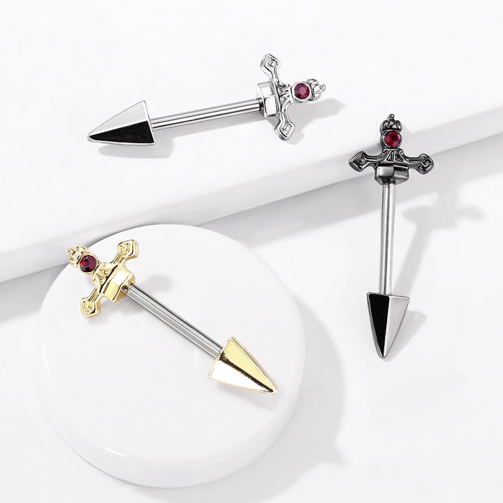 316L Surgical Steel Dark Red CZ Sword Dagger Nipple Ring Straight Barbell - Pierced Universe
