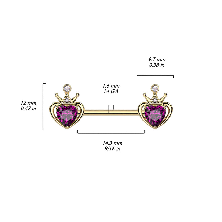316L Surgical Steel Gold PVD Pink & White CZ Heart Crown Nipple Ring Straight Barbell - Pierced Universe