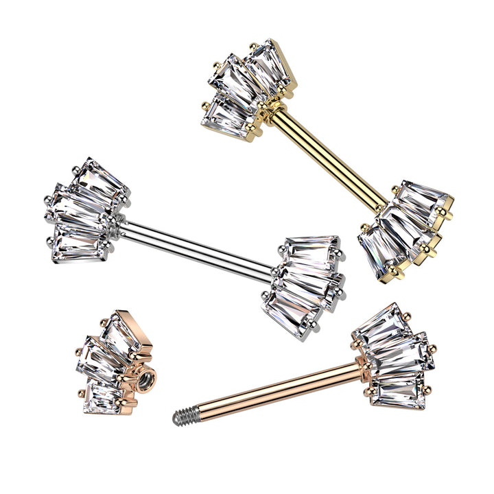 316L Surgical Steel Gold PVD White CZ Triple Baguette Cut Gem Nipple Ring Barbell - Pierced Universe