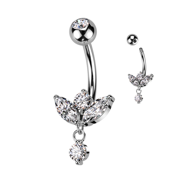 316L Surgical Steel White CZ 3 Petal Flower With Single Gem Dangle - Pierced Universe