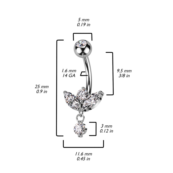 316L Surgical Steel White CZ 3 Petal Flower With Single Gem Dangle - Pierced Universe