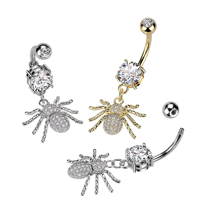 316L Surgical Steel Gold PVD White CZ Spider Dangle Belly Ring - Pierced Universe