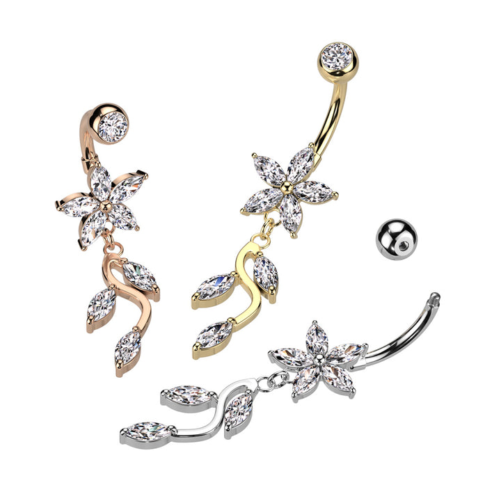 316L Surgical Steel White CZ Flower Vine Dangle Belly Ring - Pierced Universe