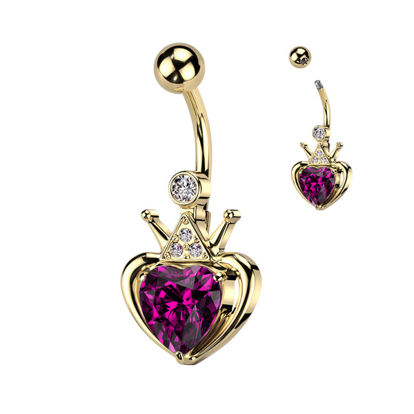 316L Surgical Steel Gold PVD Pink & White CZ Heart Crown Belly Ring - Pierced Universe