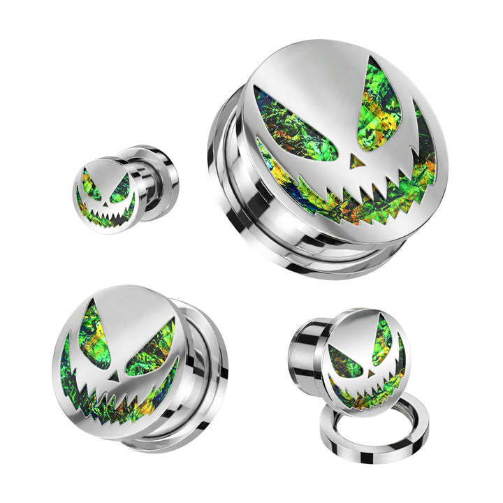 316L Surgical Steel Green Grinning Skeleton Screw On Ear Plugs - Pierced Universe