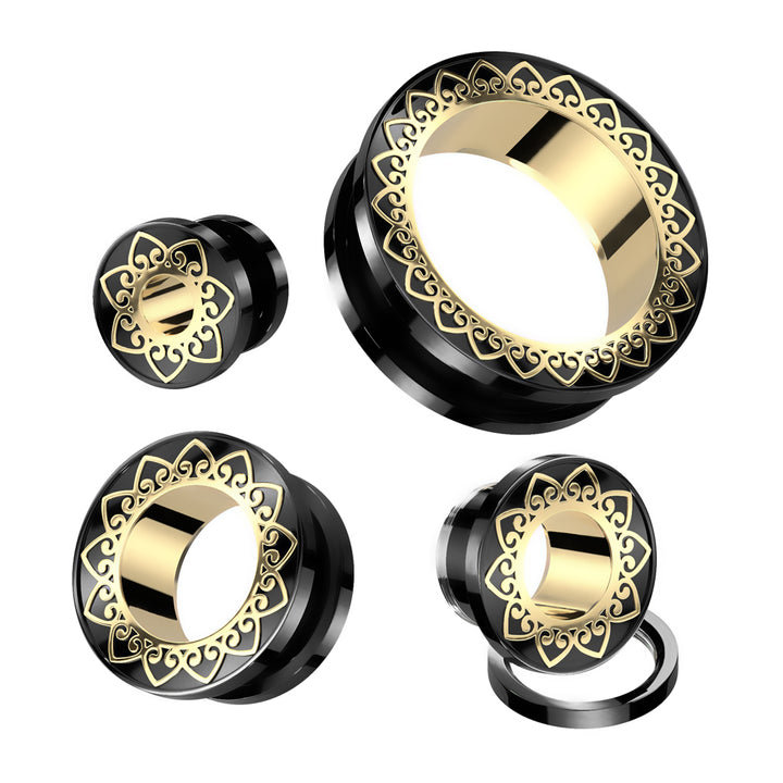 316L Surgical Steel Black PVD Gold Heart Filigree Design Screw On Ear Tunnels - Pierced Universe