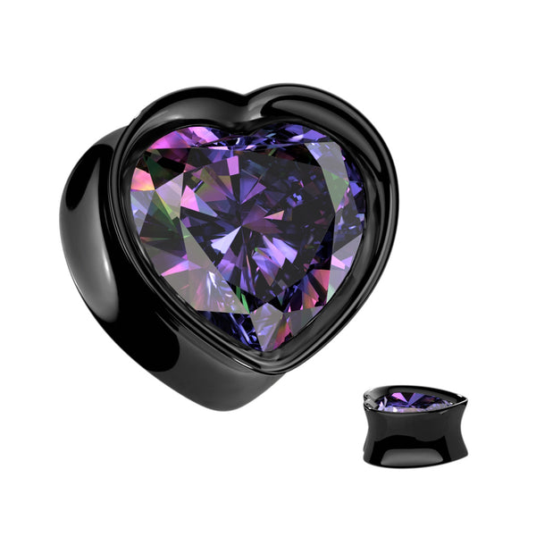 316L Surgical Steel Black PVD Vitrail Medium CZ Heart Shaped Double Flared Plug - Pierced Universe