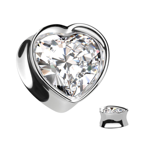 316L Surgical Steel White CZ Heart Shaped Double Flared Plug - Pierced Universe