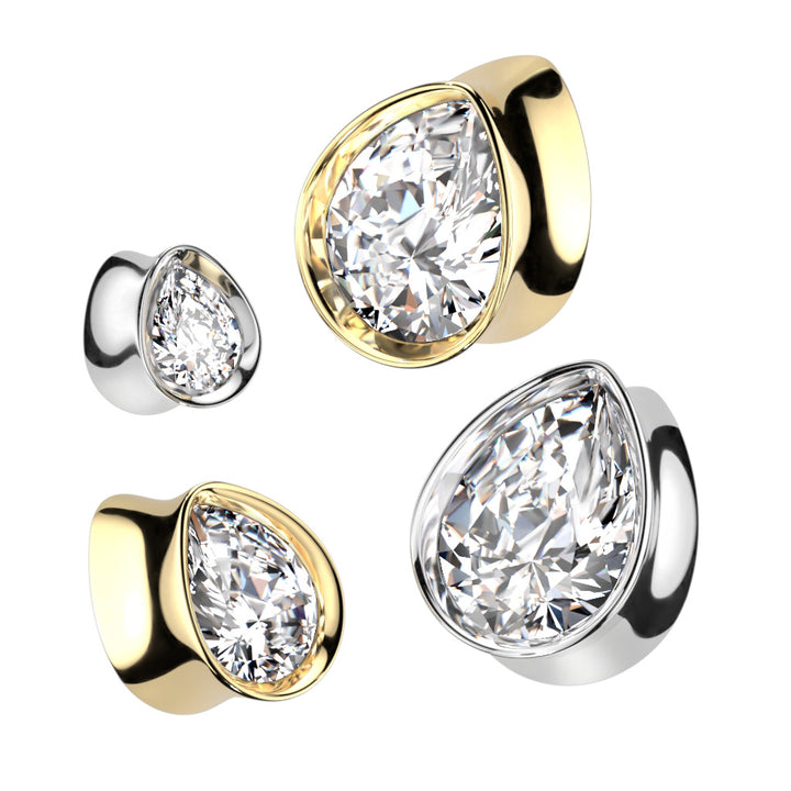 316L Surgical Steel White CZ Teardrop Shaped Double Flared Plug - Pierced Universe