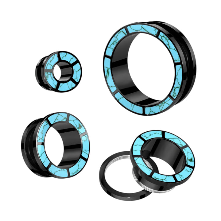 316L Surgical Steel Black PVD Turquoise Rim Screw On Ear Tunnels - Pierced Universe