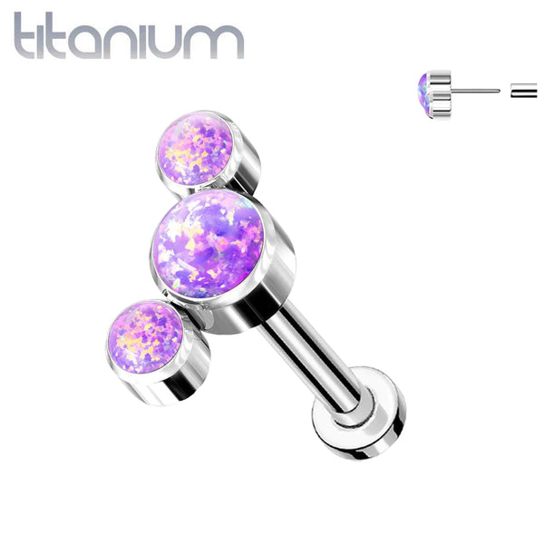 Implant Grade Titanium Threadless Push In Cartilage 3 Gem Curved Purple Opal Labret with Flat Back - Pierced Universe