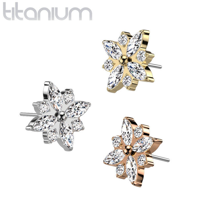 Titanium Rose Gold PVD Large White CZ Gem Flower Threadless Push In Labret - Pierced Universe