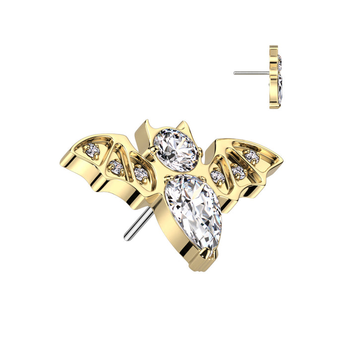 Implant Grade Titanium Gold PVD White CZ Large Flying Bat Threadless Push In Labret - Pierced Universe