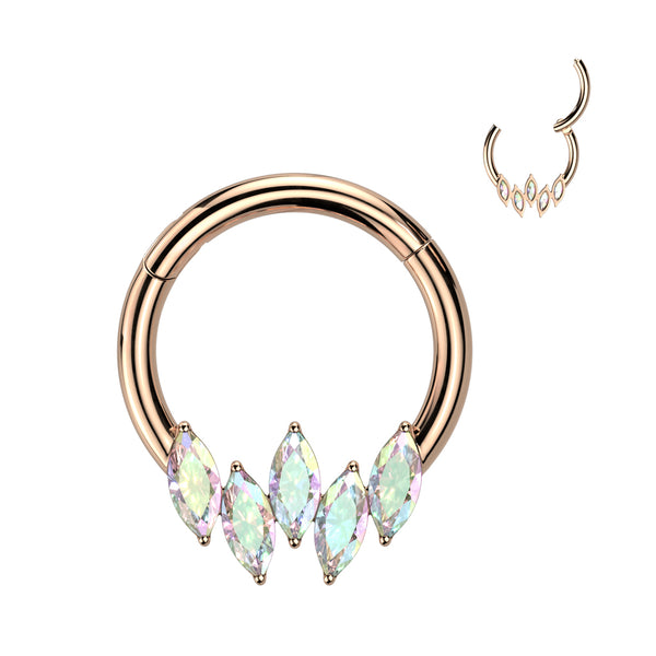 Surgical Steel Rose Gold PVD 5 Gem Marquise Aurora Borealis CZ Septum Daith Hinged Clicker Hoop - Pierced Universe