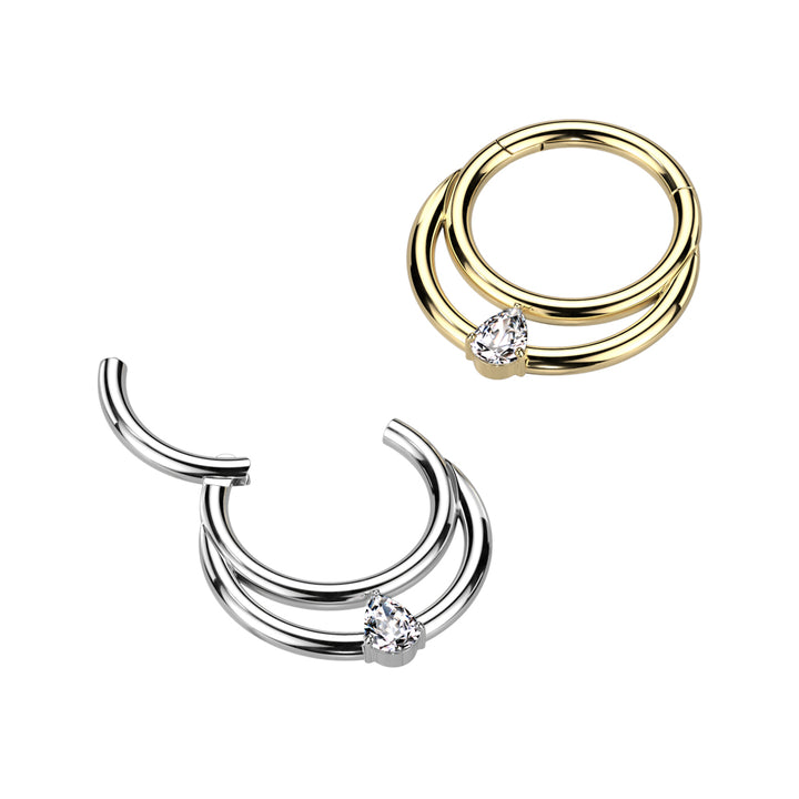 Implant Grade Titanium Double White CZ Gem Hinged Septum Daith Clicker Hoop - Pierced Universe